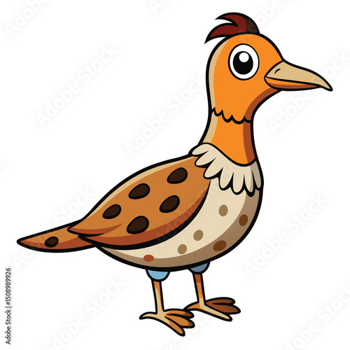 Cartoon orange bird stands with brown spots on its body and small mohawk