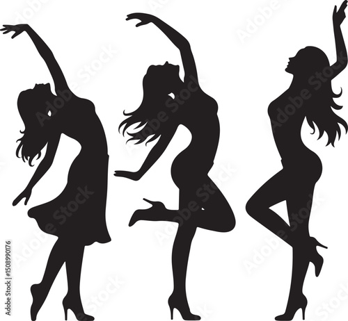 silhouette, vector, dance, people, woman, illustration, dancing, girls, party, black, dancer, music, group, jump, fun, shadow, body, silhouettes, fashion, sport, evolution, disco, art, person, child