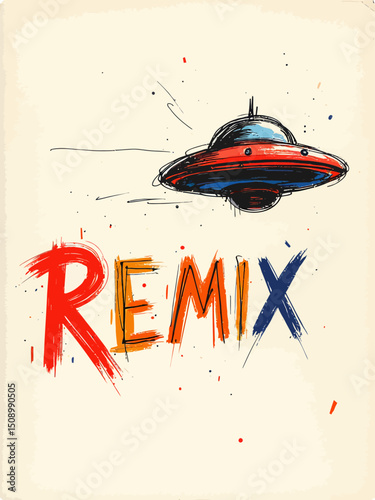  a playful doodle-style flying saucer (UFO) with rough, childlike lines, simplified cartoonish form, next to it is the word REMIX in messy