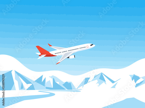 an aeroplane, blue sky, white icy mountains