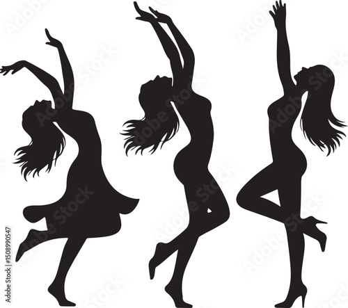 silhouette, vector, dance, people, woman, illustration, dancing, girls, party, black, dancer, music, group, jump, fun, shadow, body, silhouettes, fashion, sport, evolution, disco, art, person, child