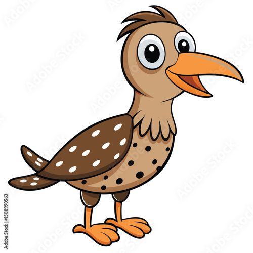 Animated brown roadrunner stands cheerfully, showcasing white spots and a long orange beak