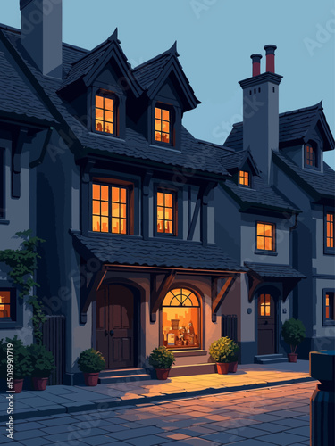 panorama view, exterior street view, medieval shop house in a street, potion shop, dark medieval fantasy, dark fantasy