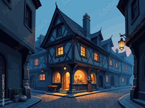 panorama view, exterior street view, medieval shop house in a street, potion shop, dark medieval fantasy, dark fantasy