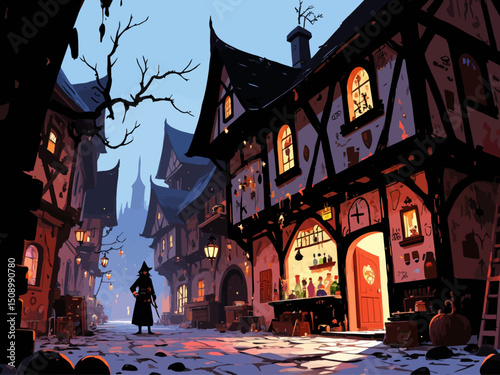 panorama view, exterior street view, medieval shop house in a street, potion shop, dark medieval fantasy, dark fantasy