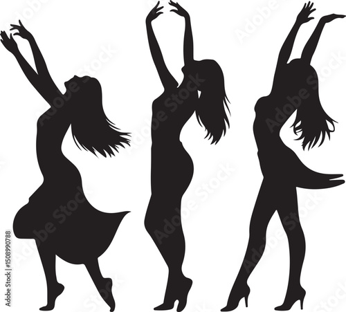 silhouette, vector, dance, people, woman, illustration, dancing, girls, party, black, dancer, music, group, jump, fun, shadow, body, silhouettes, fashion, sport, evolution, disco, art, person, child
