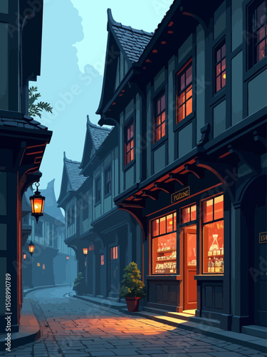 panorama view, exterior street view, medieval shop house in a street, potion shop, dark medieval fantasy, dark fantasy