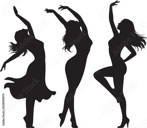 silhouette, vector, dance, people, woman, illustration, dancing, girls, party, black, dancer, music, group, jump, fun, shadow, body, silhouettes, fashion, sport, evolution, disco, art, person, child