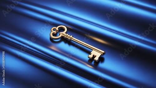 Golden key on blue abstract background