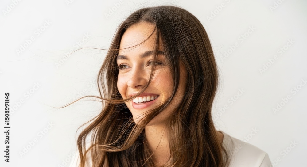 Fototapeta premium Portrait of a smiling young woman with long brown hair and radiant skin in a studio setting against a plain white background. Water particles cascade around her face enhancing vibrancy.