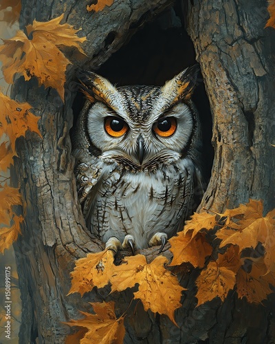 Majestic owl nestled in autumn foliage.
