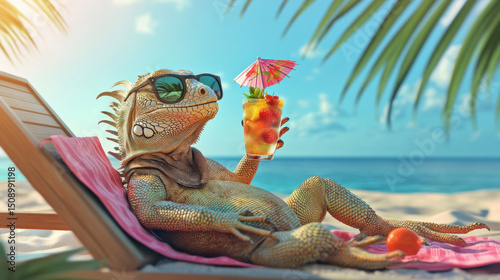 A cool iguana sunbathing on a tropical beach