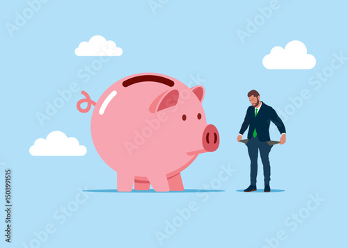 Upset businessman showing empty pockets with no money with piggy bank. Broke businessman. Loan repayment, installment plan. Piggy bank no money savings. Modern vector illustration in flat style