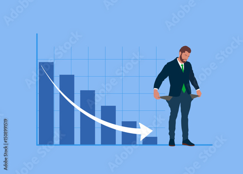Financial debt or crisis, investment risk from unemployment or lack of income. Upset businessman showing empty pockets with no money. Flat vector illustration 