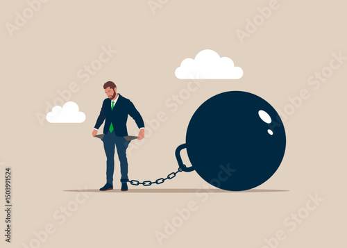 Financial debt. Upset businessman with huge pendulum showing empty pockets with no money. Broke businessman. Financial crisis in tax. Flat vector illustration