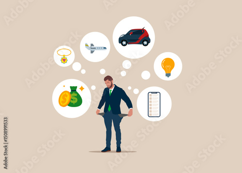 Poor and upset businessman showing empty pockets with no money. Broke businessman. Plans fell through. Dreams on the background. House, car, travel, decorations, budget, finance, money savings. 