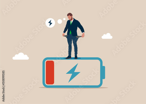 Upset businessman showing empty pockets with no money with low battery. Broke businessman. Financial crisis. Loan repayment, installment plan. Flat vector illustration