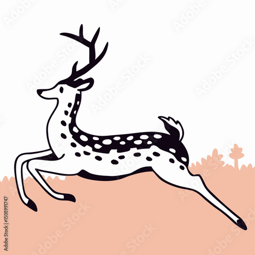 Leaping Deer Illustration: Black and White Spotted Fawn