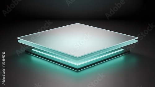 Abstract glass platform with teal neon lights