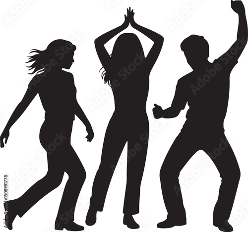 silhouette, vector, dance, people, woman, illustration, dancing, girls, party, black, dancer, music, group, jump, fun, shadow, body, silhouettes, fashion, sport, evolution, disco, art, person, child
