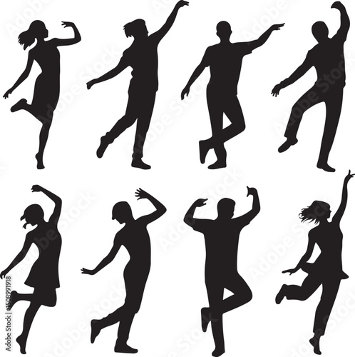 silhouette, vector, dance, people, woman, illustration, dancing, girls, party, black, dancer, music, group, jump, fun, shadow, body, silhouettes, fashion, sport, evolution, disco, art, person, child
