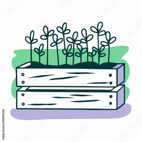 Wooden Planter Box with Growing Plants, Home Gardening Illustration