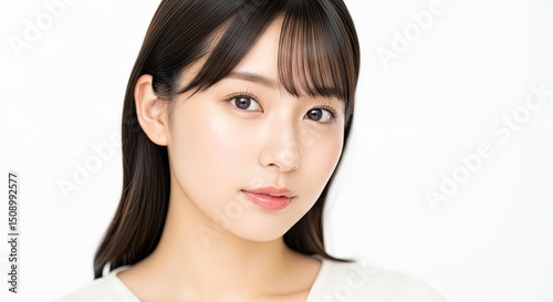 Portrait of a young woman with fair skin and dark hair against a white background. She gazes directly at the viewer with a subtle smile in studio lighting.