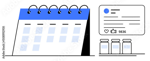 Calendar with marked days, social media profile with thumbs ups and comments, and three jars on a surface. Ideal for planning, productivity, social media marketing, wellness tracking, goal setting