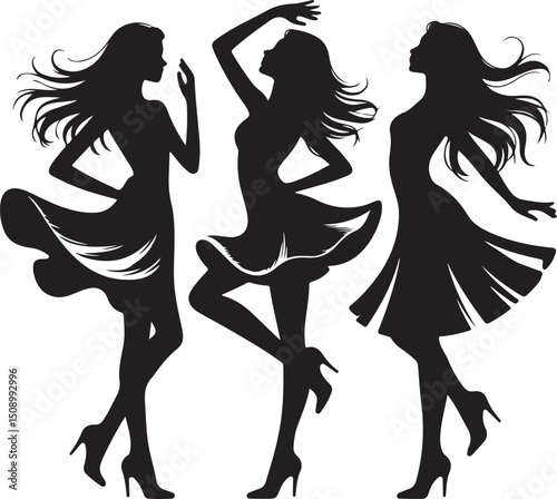silhouette, vector, dance, people, woman, illustration, dancing, girls, party, black, dancer, music, group, jump, fun, shadow, body, silhouettes, fashion, sport, evolution, disco, art, person, child