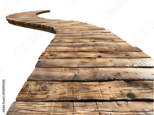 Winding wooden walkway against a black background. photo