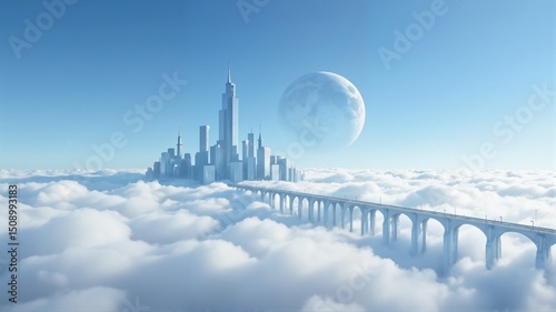  Futuristic City Above the Clouds with Moon in Sky
