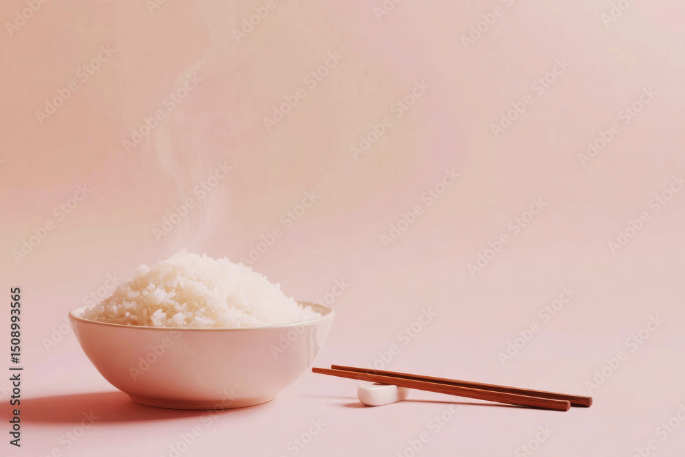 A bowl filled with fluffy steamed white rice sits atop a pastel pink surface, accompanied by a pair of wooden chopsticks for an elegant dining presentation A bowl filled with fluffy steamed white rice sits atop a pastel pink surface, accompanied by a pair of wooden chopsticks for an elegant dining presentation