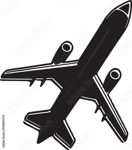 A stylized silhouette of a commercial jet in flight.