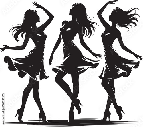 silhouette, vector, dance, people, woman, illustration, dancing, girls, party, black, dancer, music, group, jump, fun, shadow, body, silhouettes, fashion, sport, evolution, disco, art, person, child