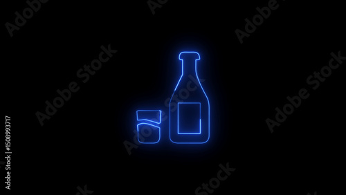 Glowing Neon Bottle and Glass Silhouette on a Black Background