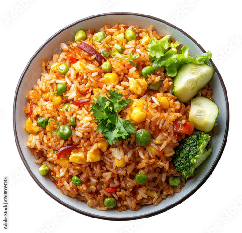 Fried rice with vegetables served in a bowl on transparent PNG image