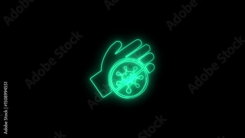 Neon hand with virus prohibition symbol representing hygiene and disease prevention