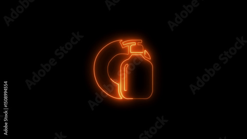 Glowing orange neon outline of soap dispenser with plate on black background