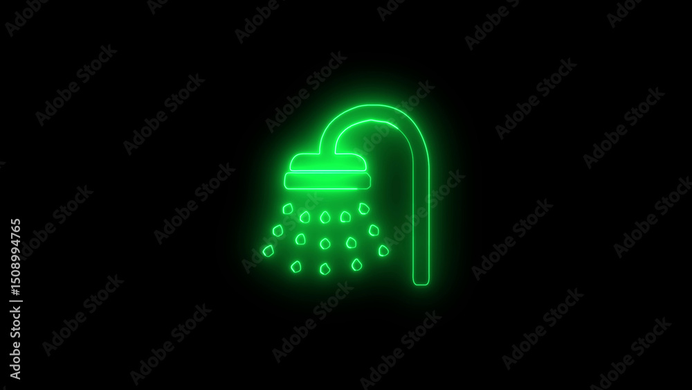 Glowing Green Neon Shower Head with Water Drops on Black Background Glowing Green Neon Shower Head with Water Drops on Black Background