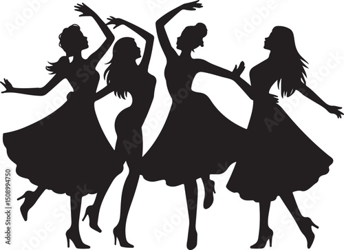 silhouette, vector, dance, people, woman, illustration, dancing, girls, party, black, dancer, music, group, jump, fun, shadow, body, silhouettes, fashion, sport, evolution, disco, art, person, child