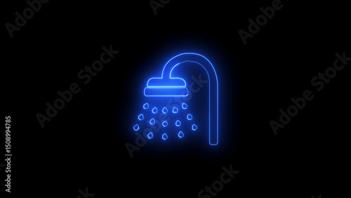 Neon Blue Shower Head with Water Droplets on Black Background