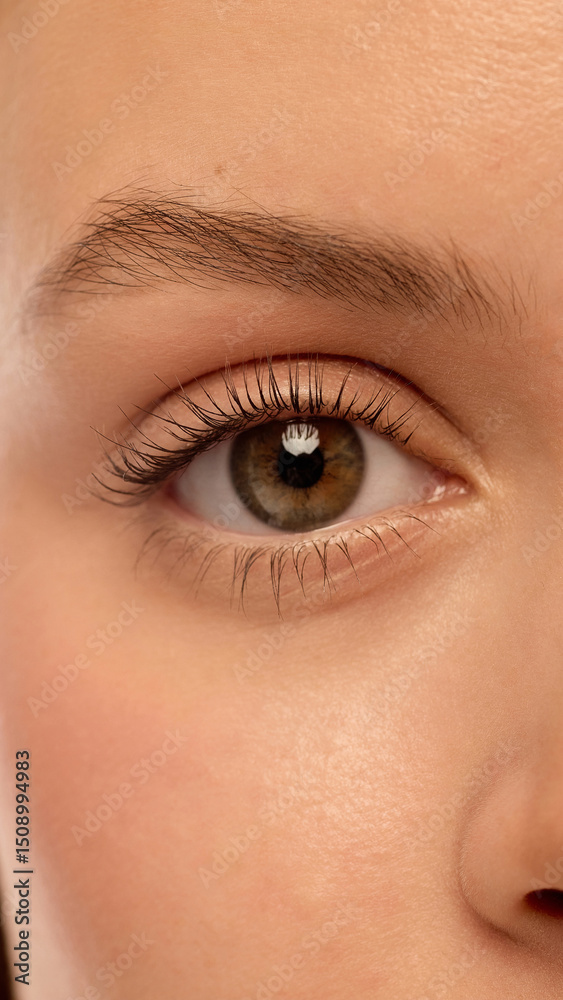 Obraz premium Macro shot of single eye with sharp lashes, natural brown iris, smooth eyelid and perfectly shaped brow. Female model with smooth healthy skin. Concept of natural beauty, eye care, cosmetic products