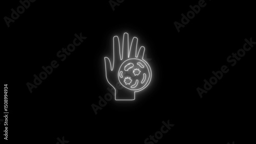 Neon hand holding a petri dish with bacteria on black background