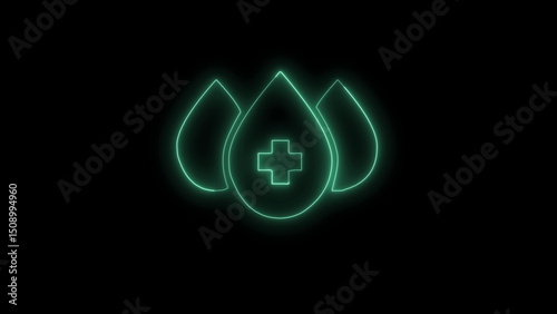 Neon Blood Donation Symbol with Medical Cross on Black Background