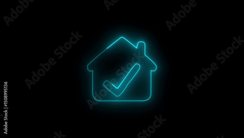 Glowing Neon House with Check Mark on Black Background for Real Estate