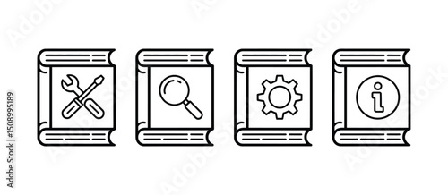 Four Book Icons Representing Help, Tools, Search, and Settings
