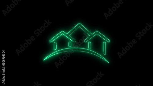 Three houses on a hill depicted with green neon lights on black
