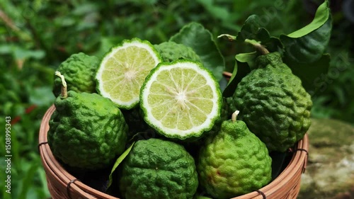 Fresh bergamot in the wooden basket