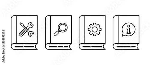 Four Book Icons Representing Help, Search, Settings and Information