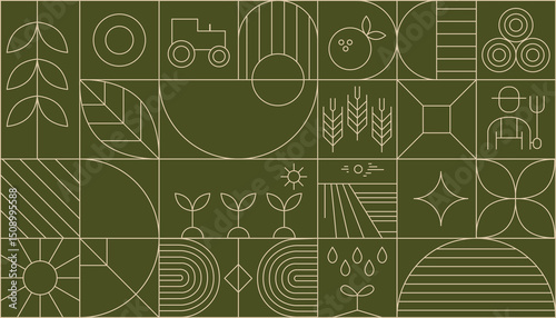 Agriculture abstract modern line geometric pattern. Vector eco farming and green energy background with linear plants, sprouts and leaves, water waves, flowers, light bulb and sun, windmill.